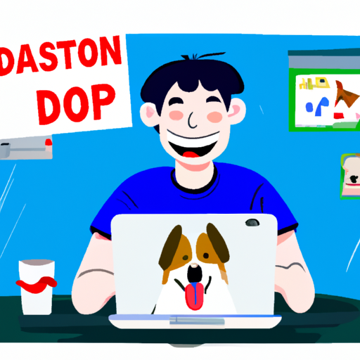 איור של אדם יושב ליד מחשב נייד, עם חיוך על הפנים, המעיד על כך שהוא מרוצה מהאתר שיצרו עבור חנות הכלבים שלהם.